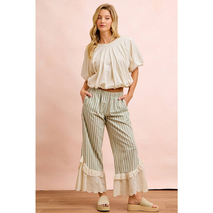 Pants - STRIPE WOVEN RUFFLED LACE HEM PANTS WITH SIDE POCKET - - Cultured Cloths Apparel