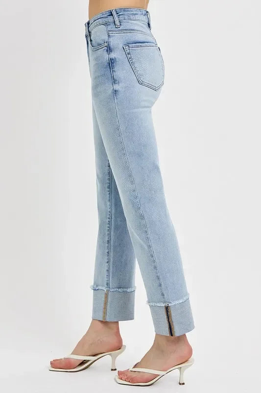 Denim - RISEN High Rise Straight Cuffed Relaxed Jeans - - Cultured Cloths Apparel
