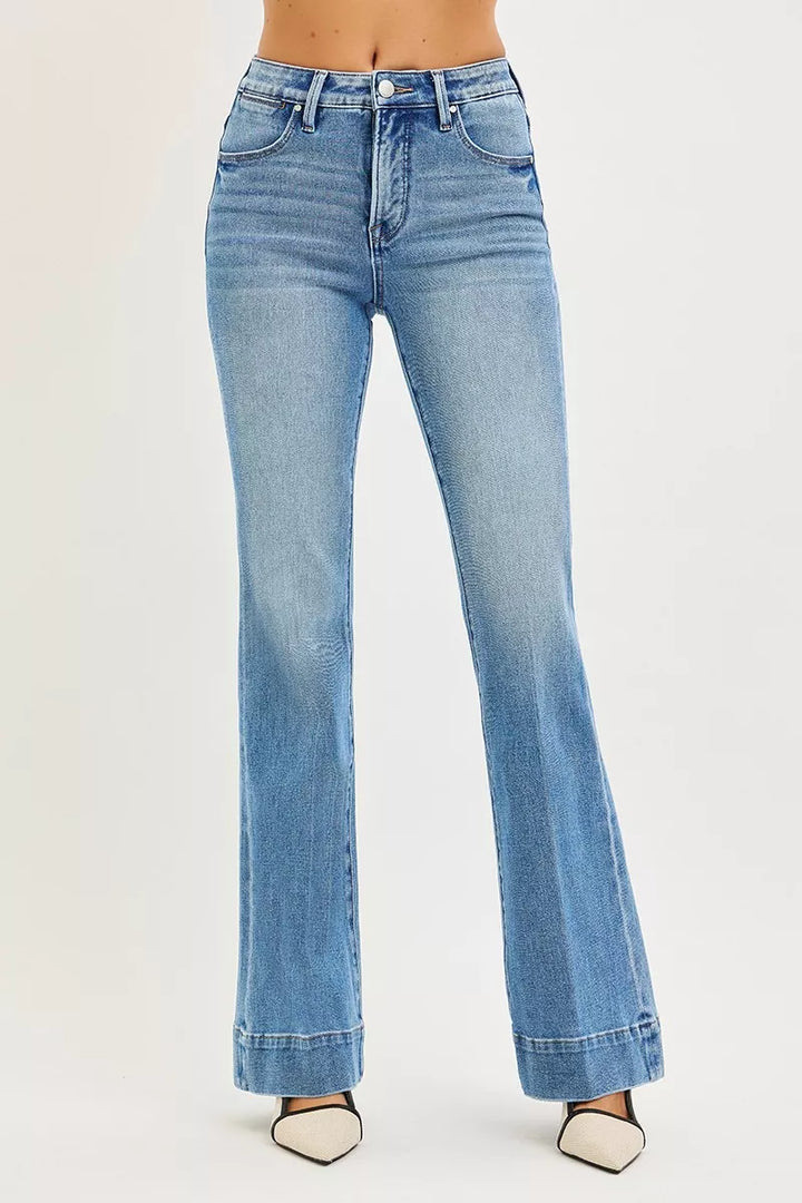 Denim - RISEN Tummy Control 4 Way Stretch Mid Rise Flare Jeans - MEDIUM - Cultured Cloths Apparel