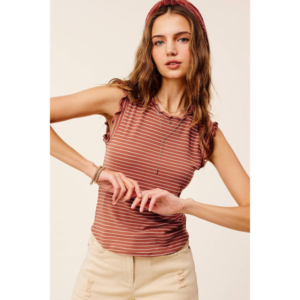 Women's Sleeveless - Brushed Stripe Ruffle Sleeve Spring Summer Top -  - Cultured Cloths Apparel