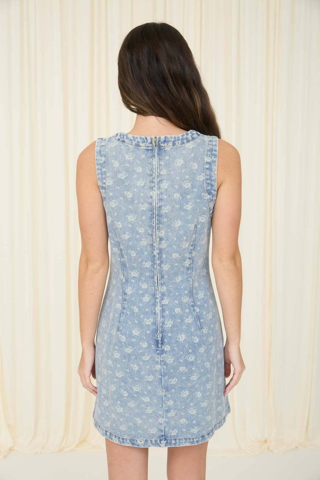 FLORAL WASHED DENIM PATTERN SLEEVELESS MINI DRESS