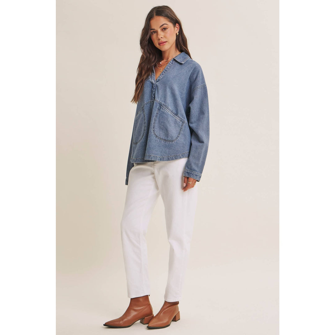 EASY LIVING MINERAL-WASHED COTTON DENIM OVERSIZED POCKET TOP