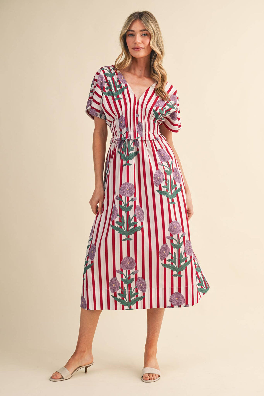 Dresses - STRIPED FLORAL PIN TUCK WAIST MIDI DRESS - - Cultured Cloths Apparel