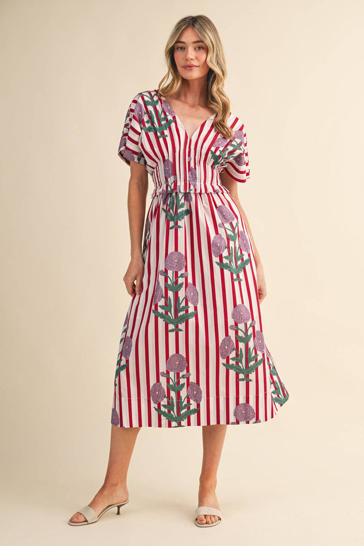 Dresses - STRIPED FLORAL PIN TUCK WAIST MIDI DRESS - - Cultured Cloths Apparel