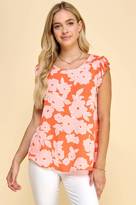 Women's Short Sleeve - Floral Printed Top with Ruffled Short Sleeve Detail - Coral - Cultured Cloths Apparel