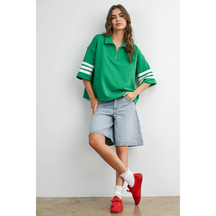 Women's Short Sleeve - Striped Sleeve Quarter-Zip Pullover - - Cultured Cloths Apparel