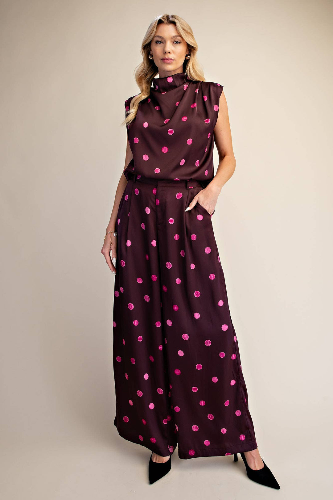Cowl Mock Neck Pleats Shoulder Sleeveless Top Polka Dot