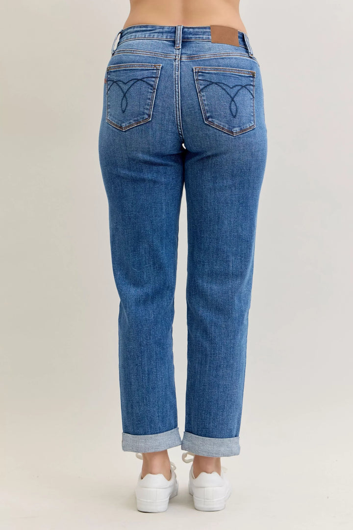 Denim - Judy Blue Full Size Mid Rise BF Classic Cuffed Jeans Plus Size - - Cultured Cloths Apparel