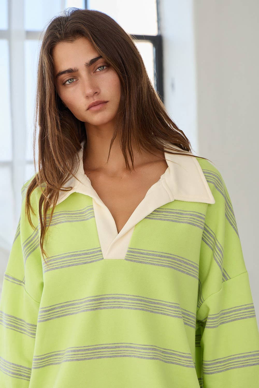 IT2417 Contrast Collared Neck Striped Polo Tunic Top