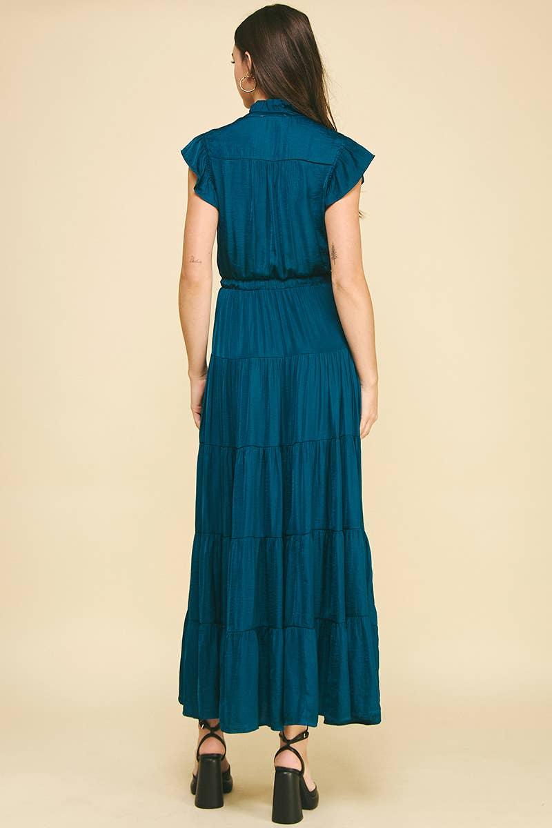 SATIN TIERED MAXI DRESS DUSTY NAVY / MEDIUM SATIN TIERED MAXI DRESS DUSTY NAVY / MEDIUM