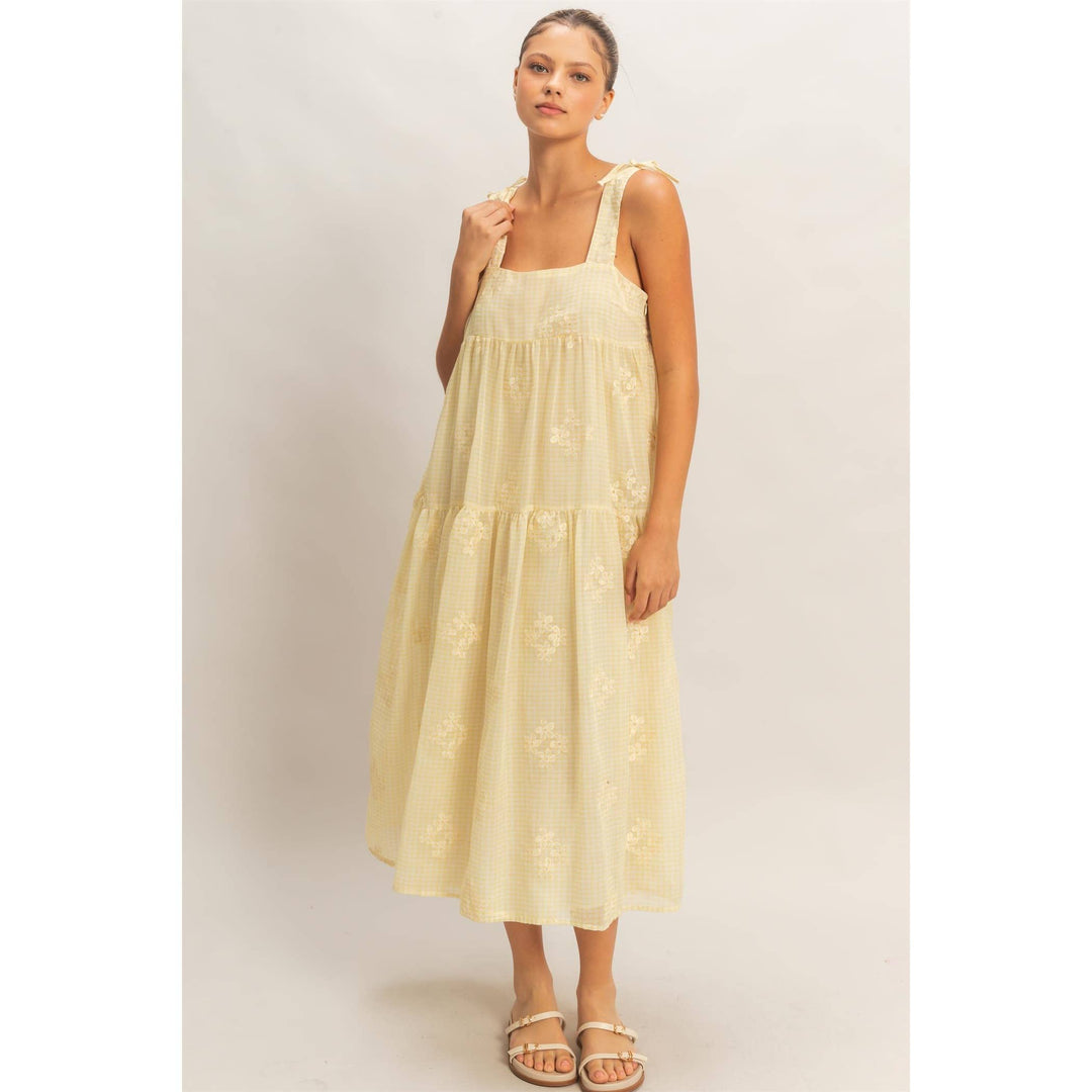 Dresses - Tiered Gingham Dress With Embroidery - YELLOW - Cultured Cloths Apparel