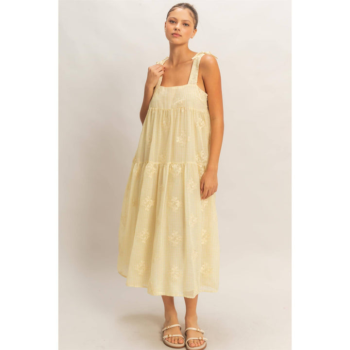 Dresses - Tiered Gingham Dress With Embroidery - YELLOW - Cultured Cloths Apparel