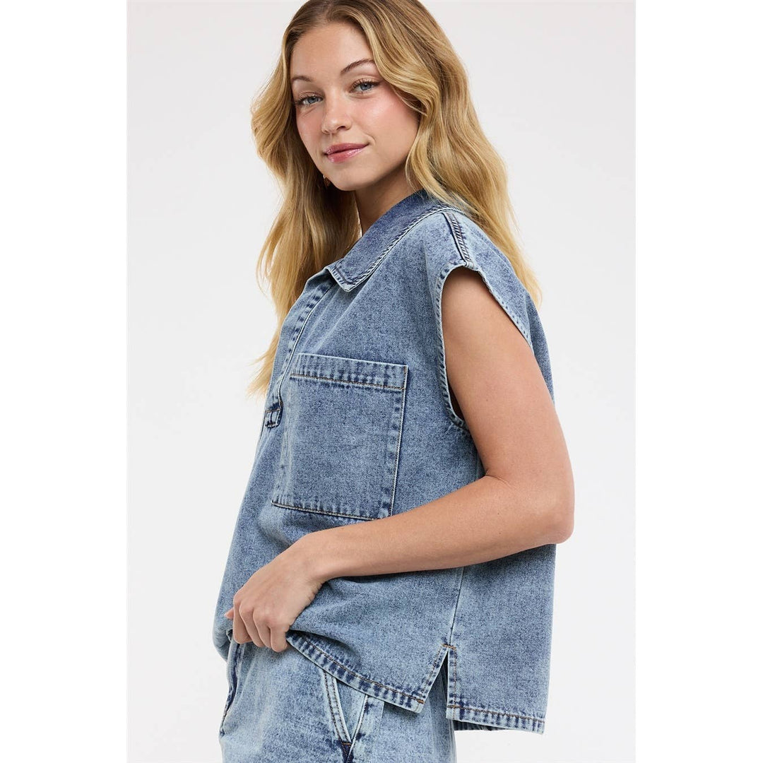 COTTON DENIM COLLARED TOP