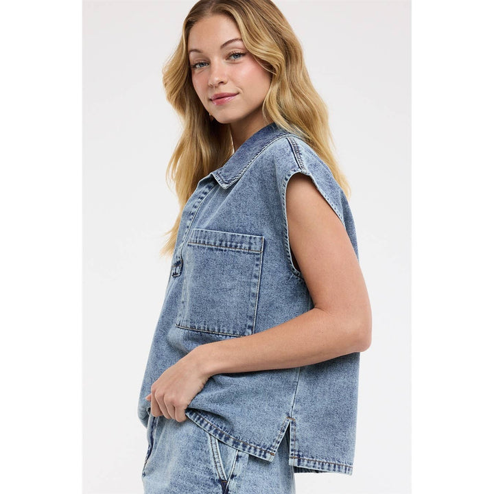 COTTON DENIM COLLARED TOP