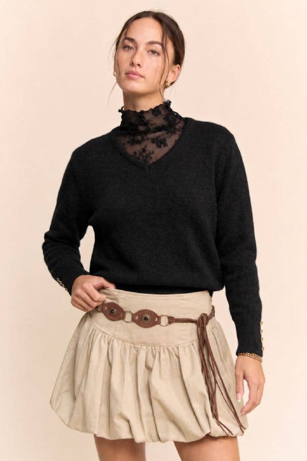 Lace High-Neck Layered V-Neck Sweater