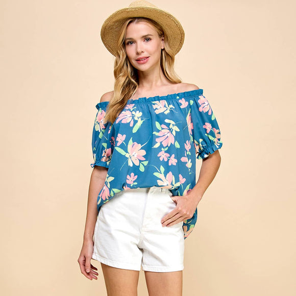 Women's Short Sleeve - Floral Printed Top with Optional Off-Shoulder - Denim - Cultured Cloths Apparel