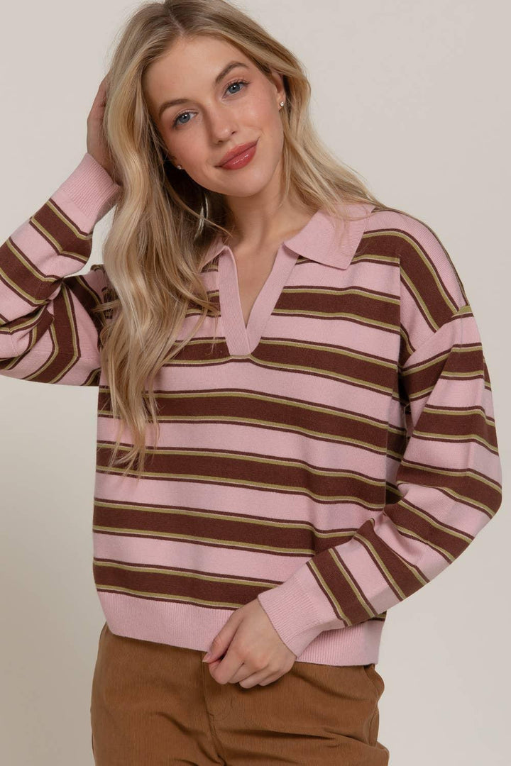 Women's Sweaters - Long Sleeve Multi Stripe Polo Sweater - - Cultured Cloths Apparel