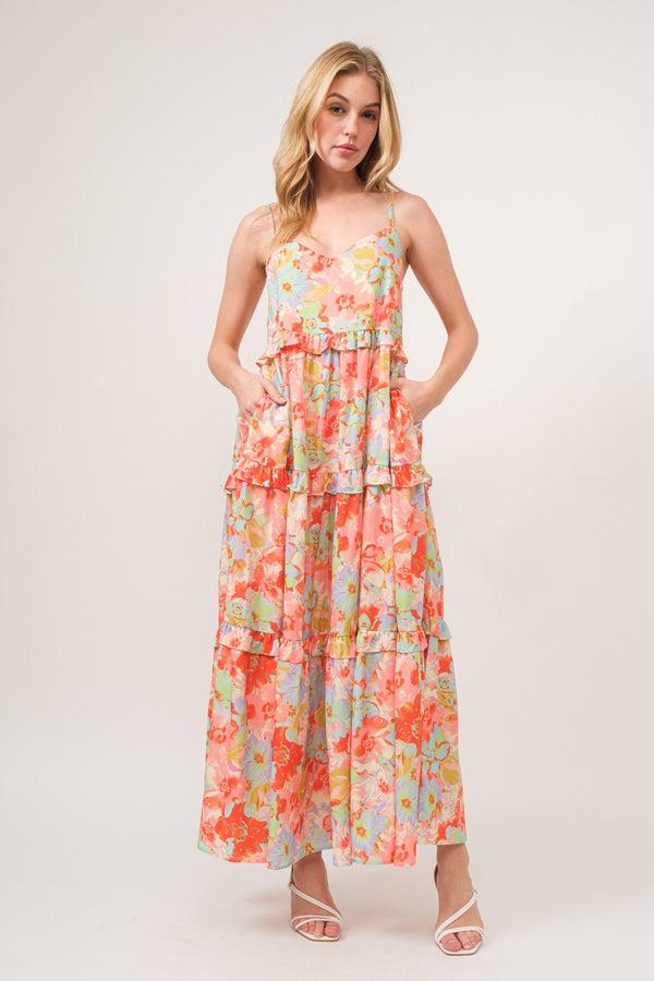 Women's Dresses - And The Why Floral Ruffled Tiered Maxi Adjustable Strap Cami Dress -  - Cultured Cloths Apparel