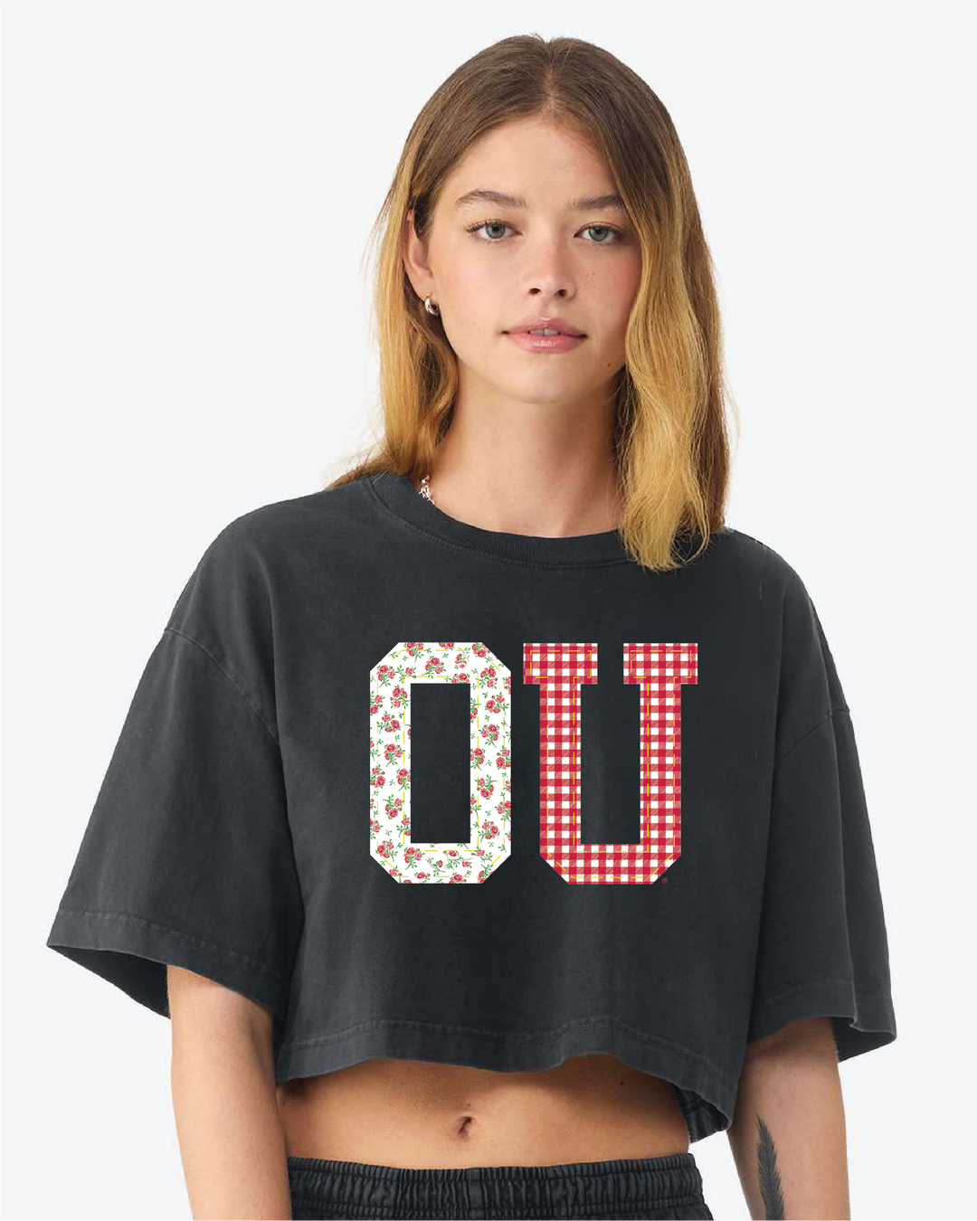 OU Sooners Quilted Puff Black Heavyweight Crop Tee