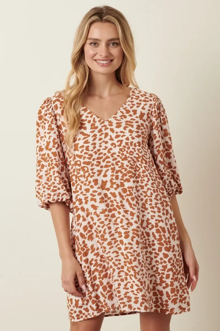 Women's Dresses - Mittoshop Animal Print Puff Sleeve Mini Dress - MUSTARD - Cultured Cloths Apparel