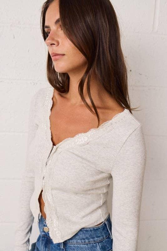 Women's Sweaters - Ribbed Stretchy Fitted Lacey N-Neck Top - - Cultured Cloths Apparel