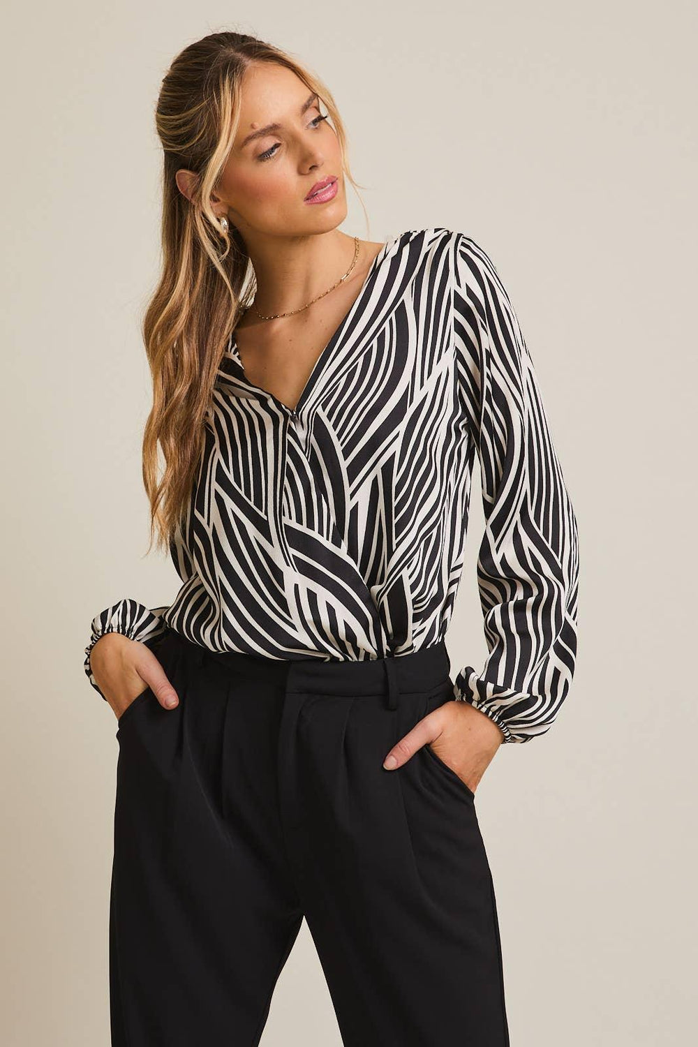 Women's Long Sleeve - JALISA LONG SLEEVE SHOULDER SHIRRING SURPLICE BODYSUIT - - Cultured Cloths Apparel