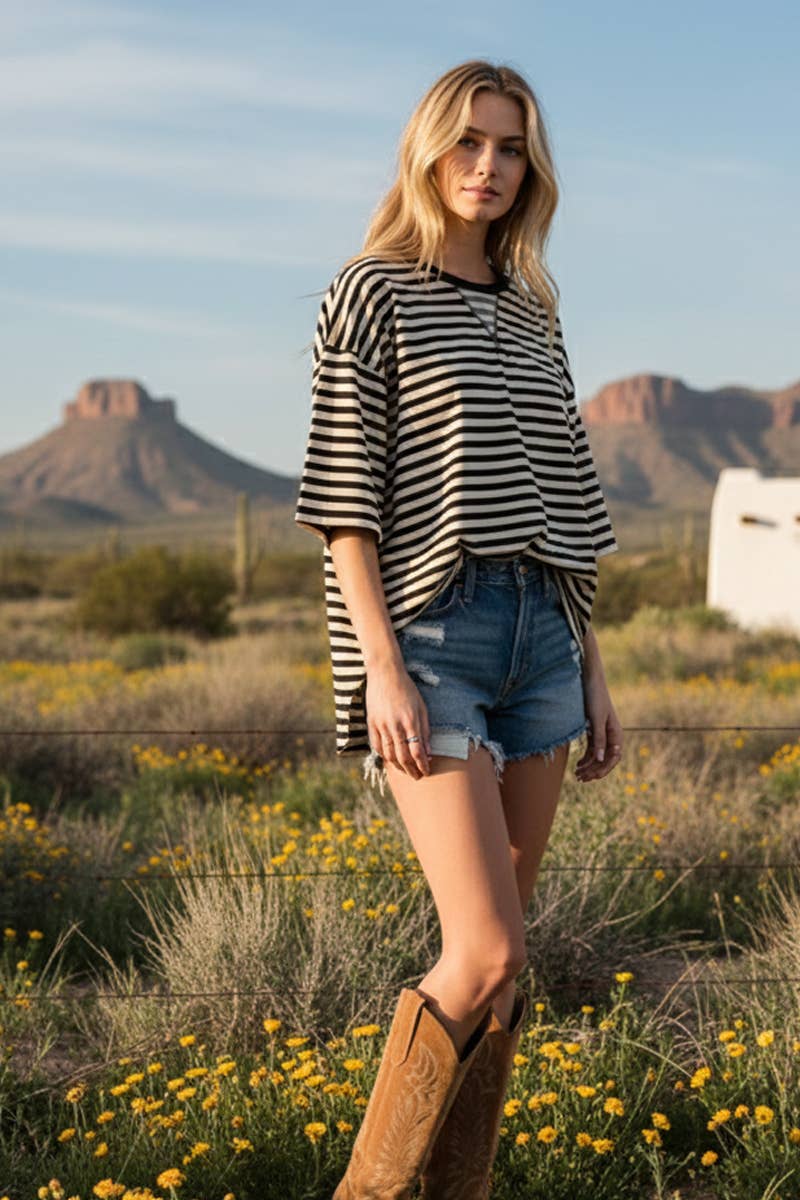 Women's Short Sleeve - STRIPED OVERSIZED SHORT SLEEVE TOP - - Cultured Cloths Apparel