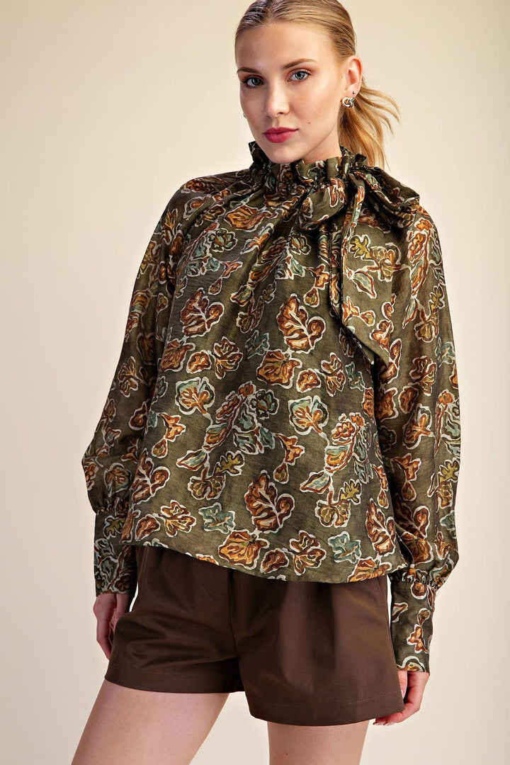 Ruffle Tie Neck Long Sleeve Print Blouse