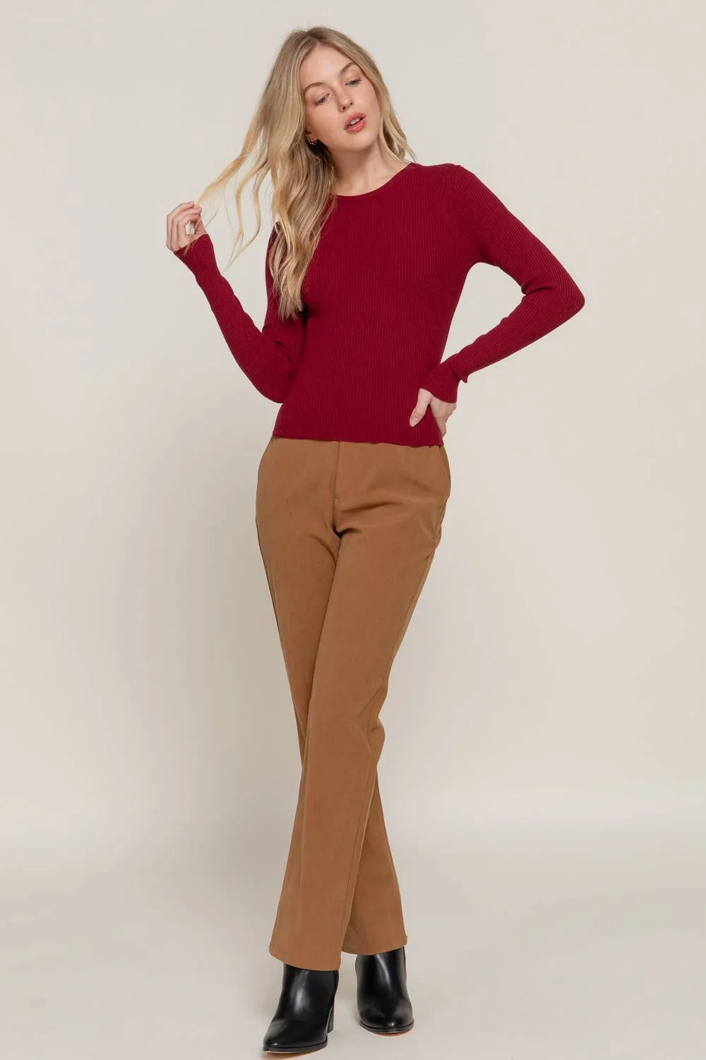 Long Sleeve Crew Neck Viscose Rib Sweater