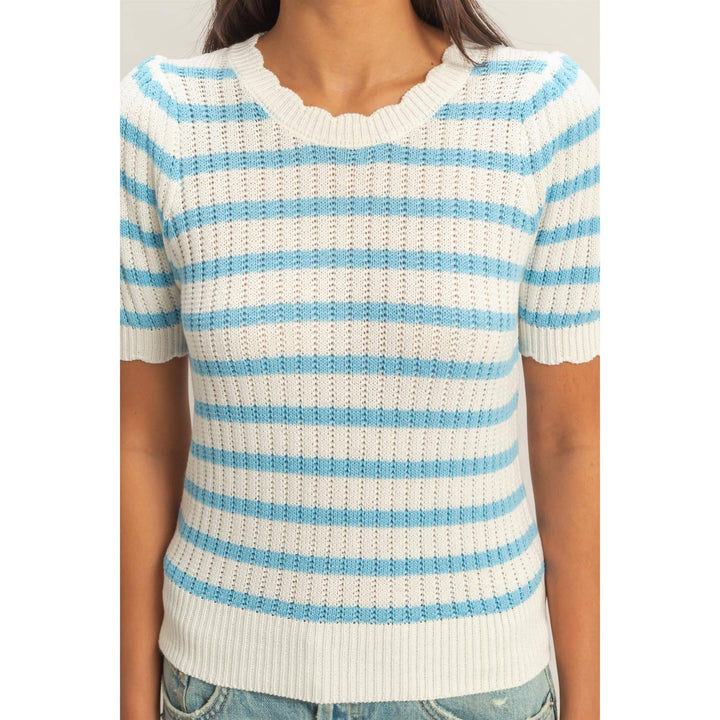 Striped Scallop Edge Puff Sleeve Knit Top