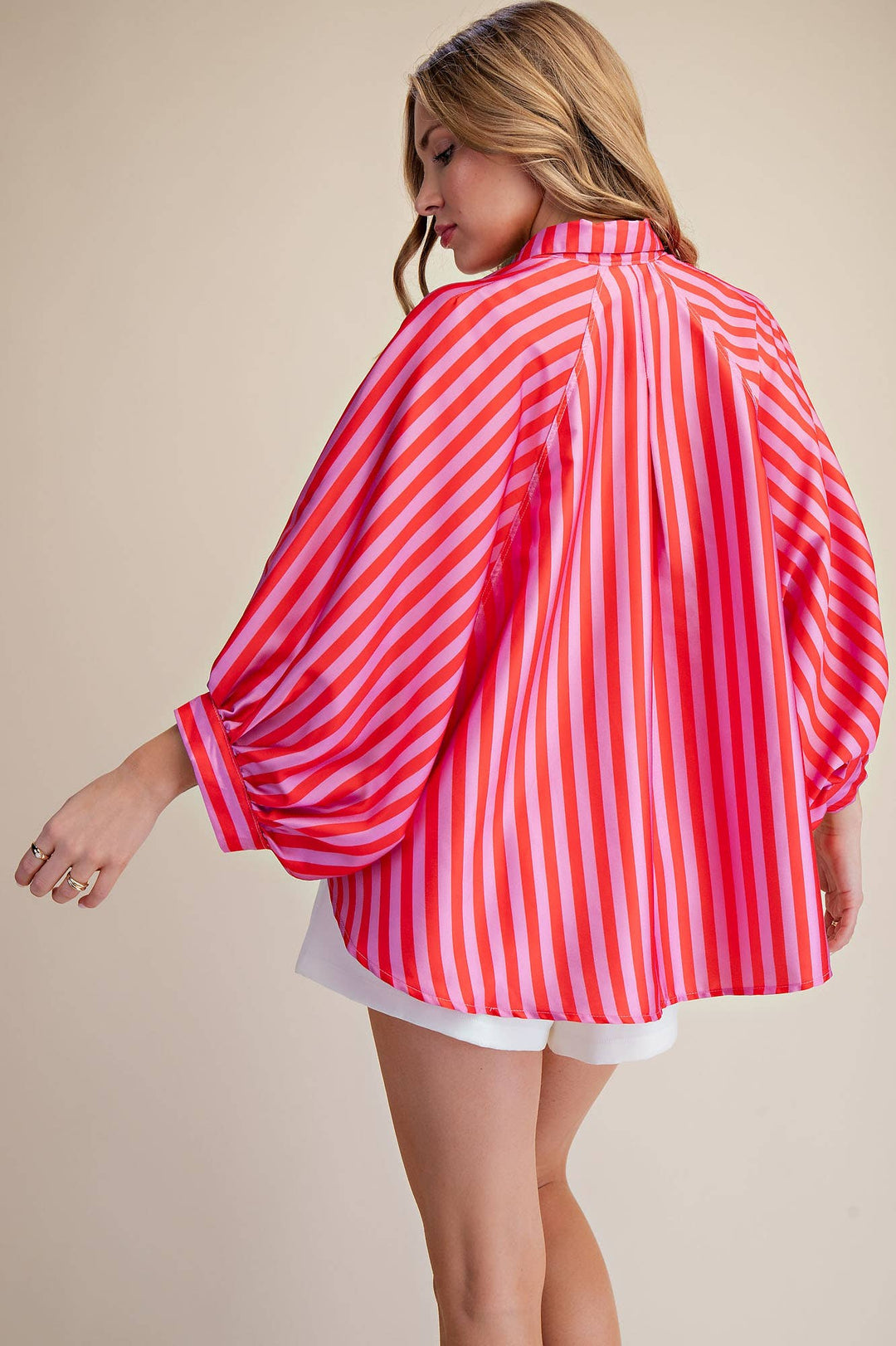Women's 3/4 Sleeve - Balloon Dolman Sleeve Button Front Oversized Shirt - - Cultured Cloths Apparel