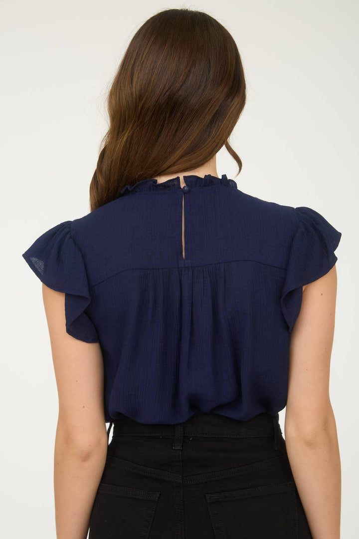 Women's Short Sleeve - LINE LACE TRIM RUFFLE DETAIL SHORT SLEEVE BLOUSE - - Cultured Cloths Apparel