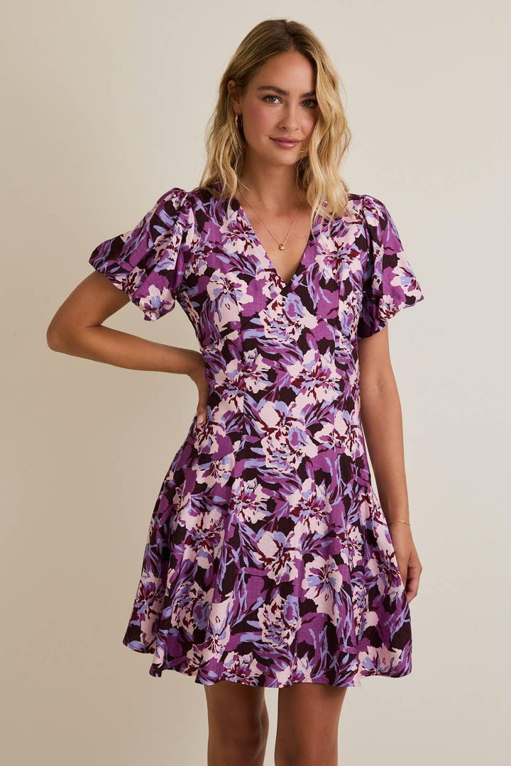 Women's Dresses - V-NECK PUFF SHORT SLEEVE FLARE HEM FLORAL MINI DRESS - - Cultured Cloths Apparel