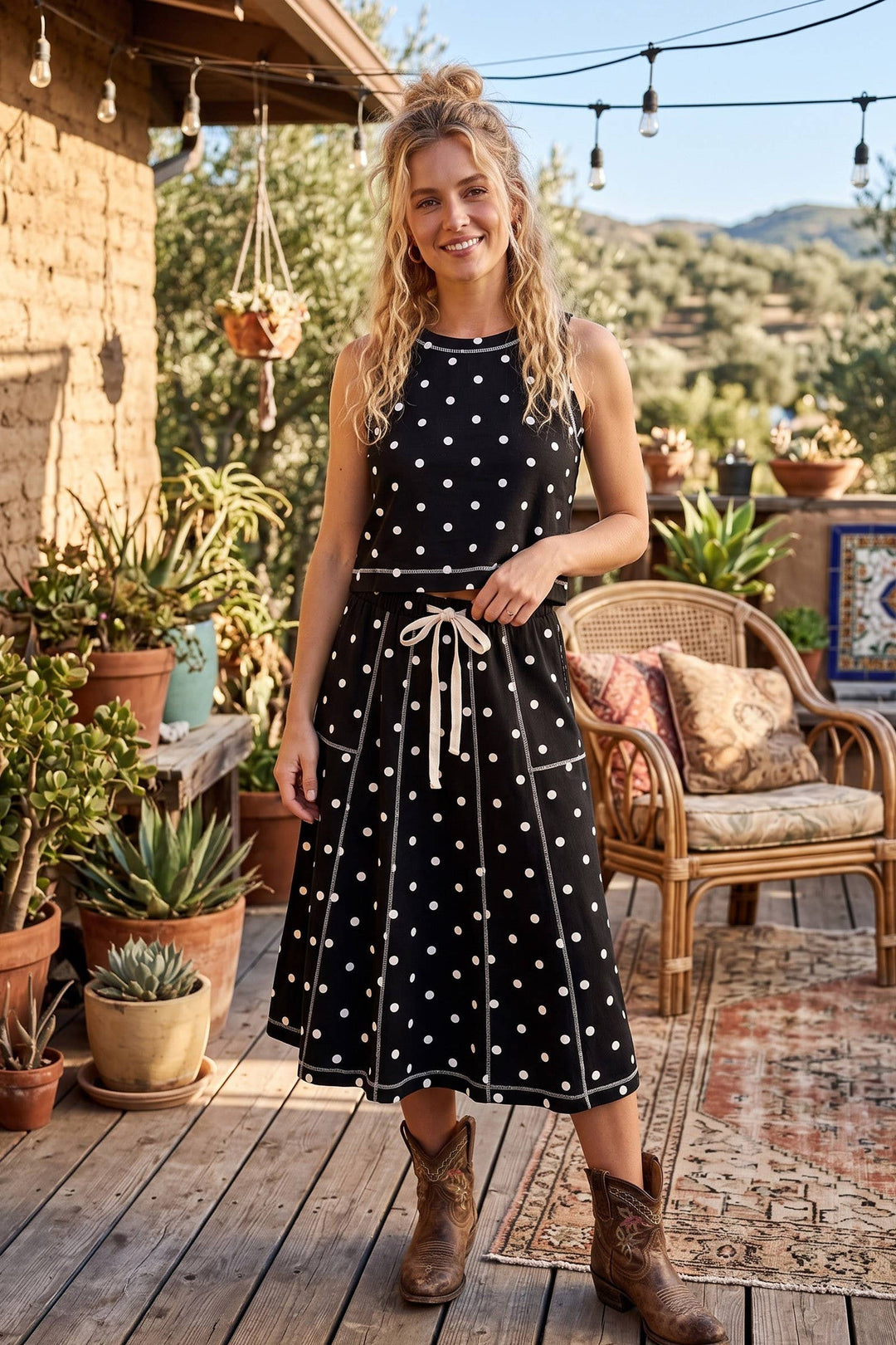 Retro Dot Tank & Midi Skirt Set