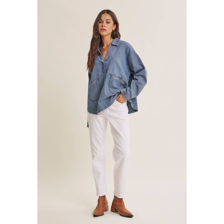 EASY LIVING MINERAL-WASHED COTTON DENIM OVERSIZED POCKET TOP