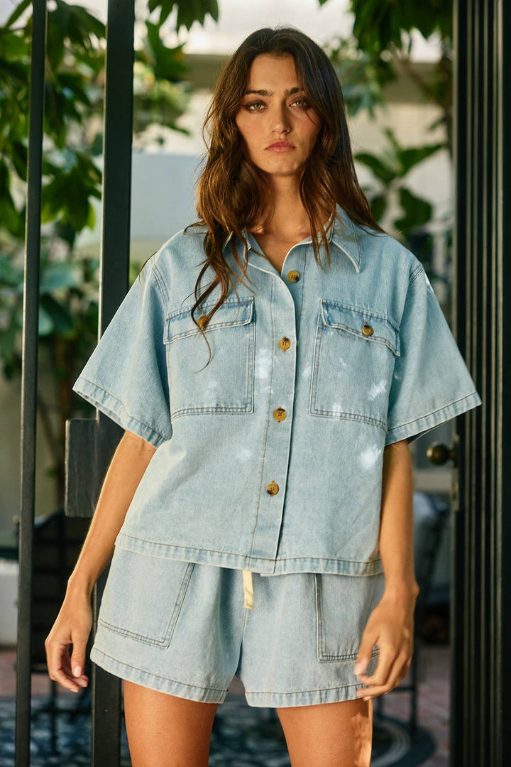 Women's Short Sleeve - Patched Pockets Washed Denim Shirt - - Cultured Cloths Apparel