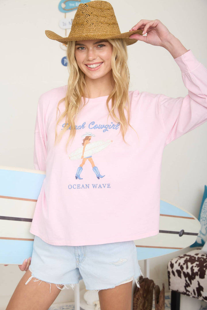Graphic T-Shirts - BEACH COWGIRL LONG SLEEVE KNIT TOP - - Cultured Cloths Apparel