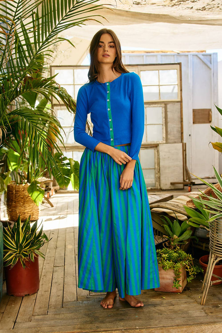 Contrast-Trim Button-Down Ribbed Top