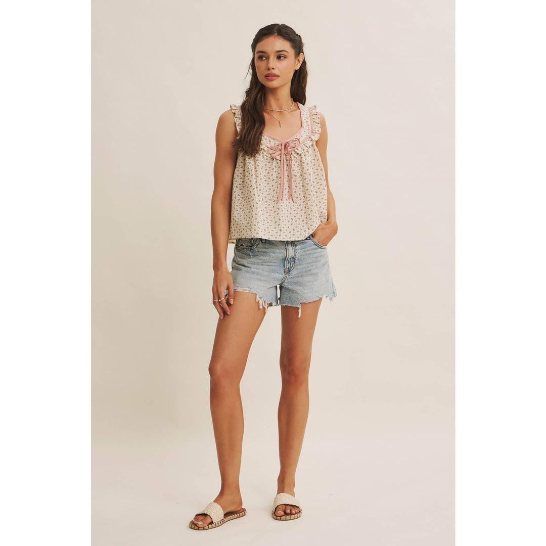 Women's Sleeveless - ANTIQUE MEADOW CONTRAST BINDING FLORAL RUFFLED BLOUSE TOP - - Cultured Cloths Apparel