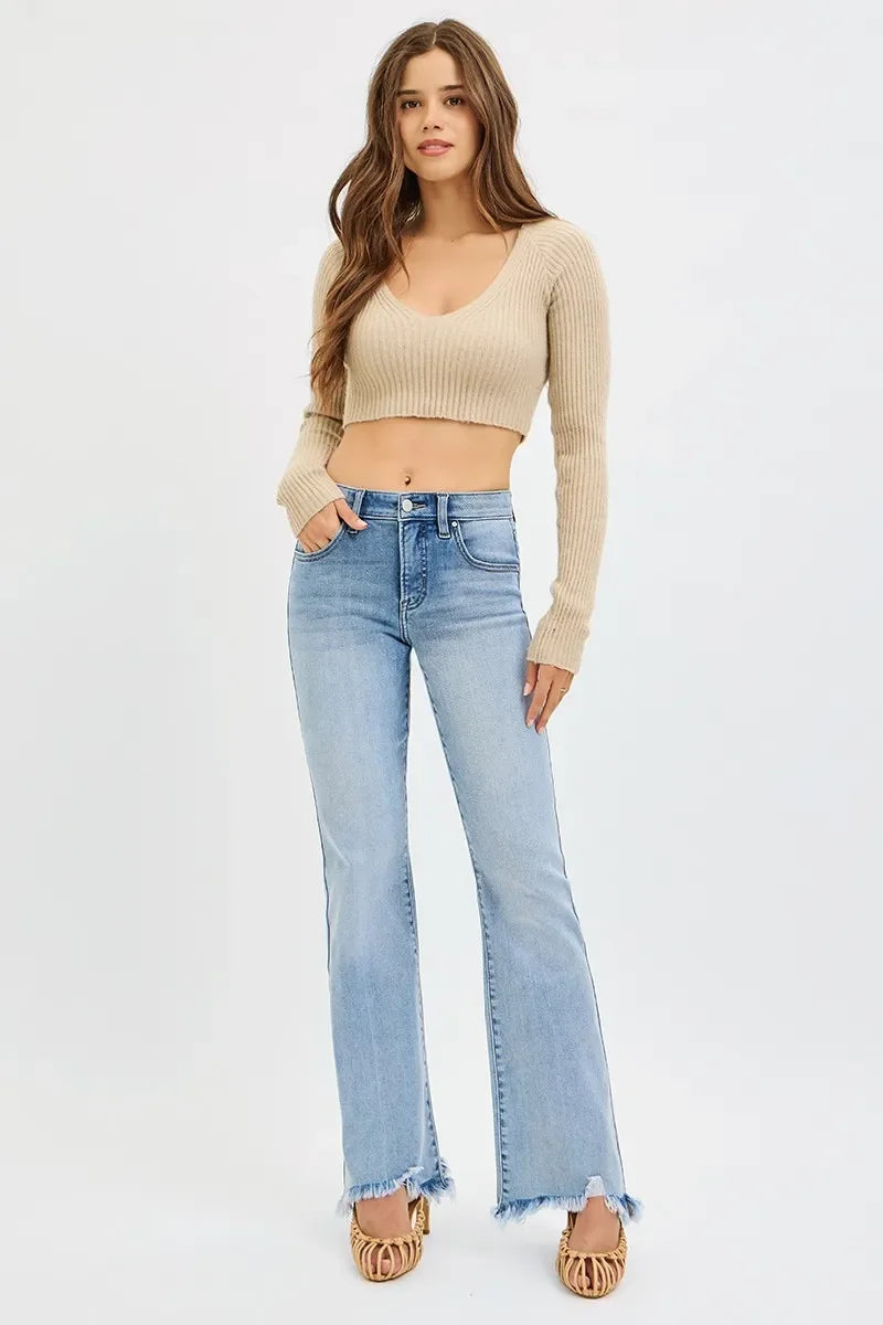 Denim - RISEN Full Size Tummy Control Mid Rise Flare Jeans with Fray Hem Detailed Plus Size - - Cultured Cloths Apparel