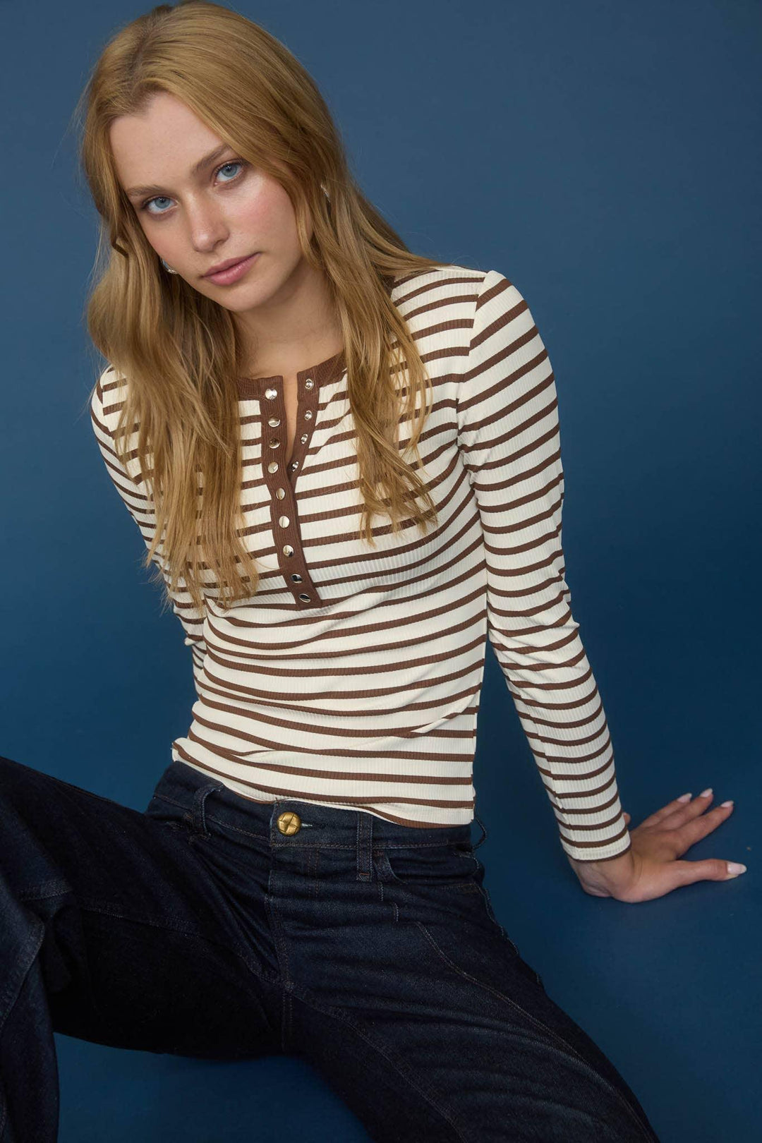 Women's Long Sleeve - STRIPE SNAP BUTTON HENLEY RIB KNIT TOP - CREAM - Cultured Cloths Apparel