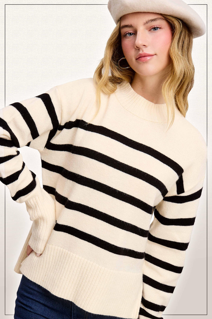Striped Mock Neck Dolman Sleeve Loose Fit Sweater