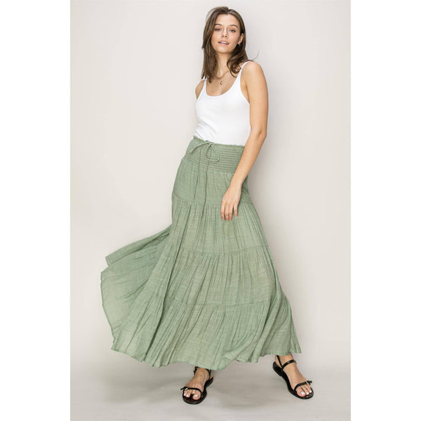 Women's Skirts - Drawstring Waist Tiered Maxi Skirt - OLIVE - Cultured Cloths Apparel