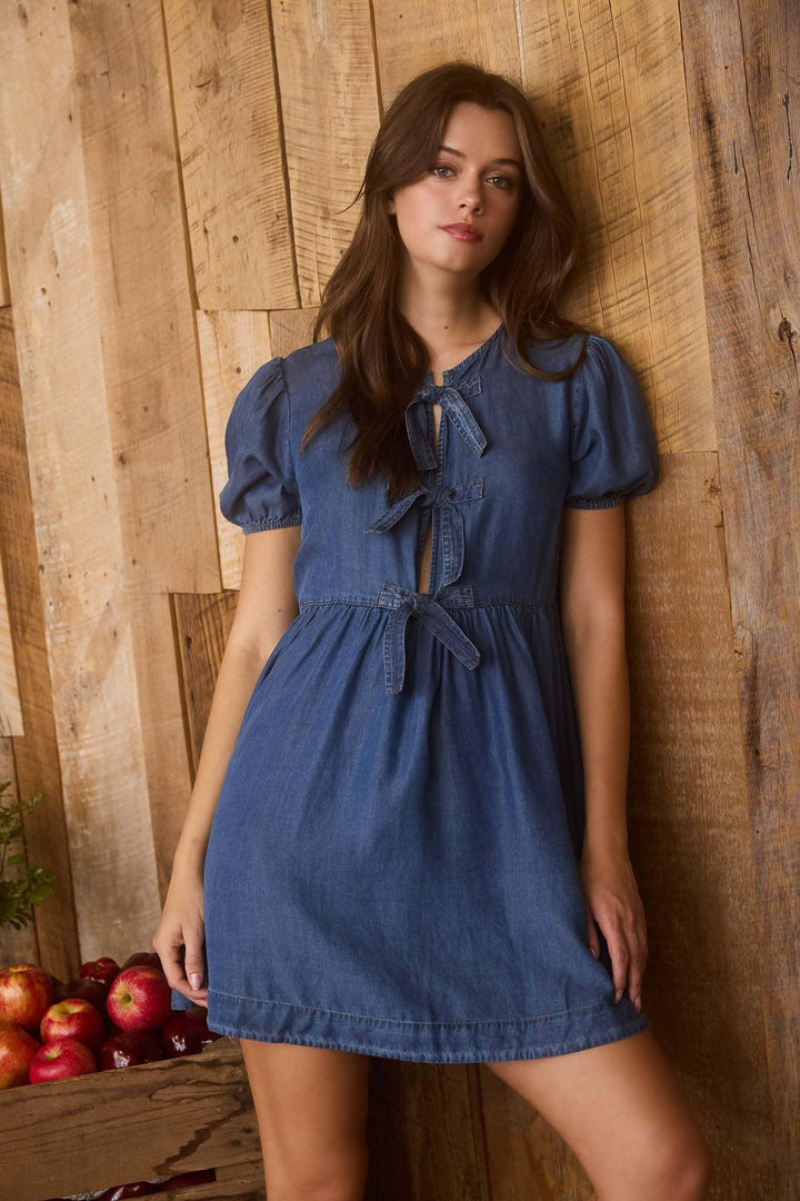 Women's Dresses - DARK CHAMBRAY FRONT TIE PUFF SLEEVE MINI DRESS - CHAMBRAY - Cultured Cloths Apparel