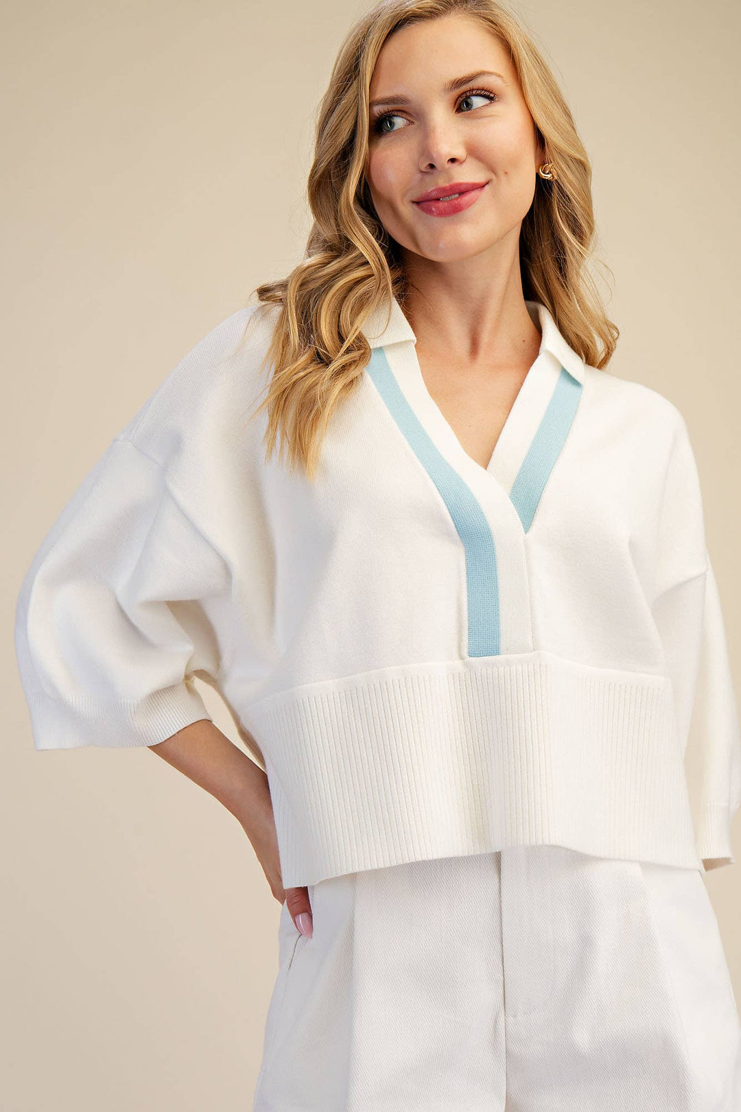 Nude Collar With Contrast Trim Loose Fit Dropped Shoulder Sweater