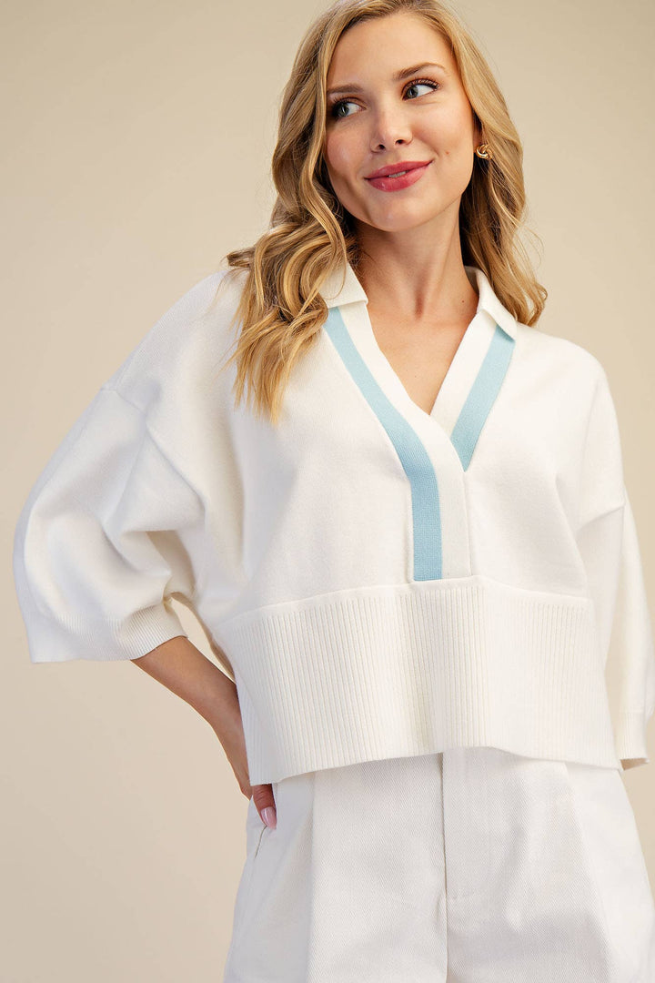 Nude Collar With Contrast Trim Loose Fit Dropped Shoulder Sweater