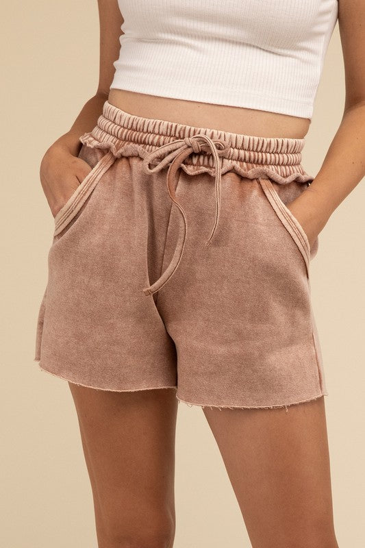  - Acid Wash Fleece Drawstring Shorts with Pockets - RUST - Cultured Cloths Apparel