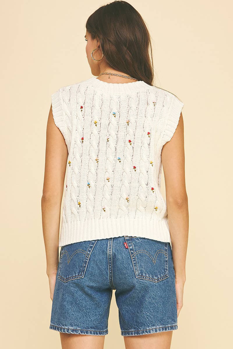 Women's Sleeveless - FLORAL EMBROIDERED CABLE KNIT SWEATER VEST - - Cultured Cloths Apparel