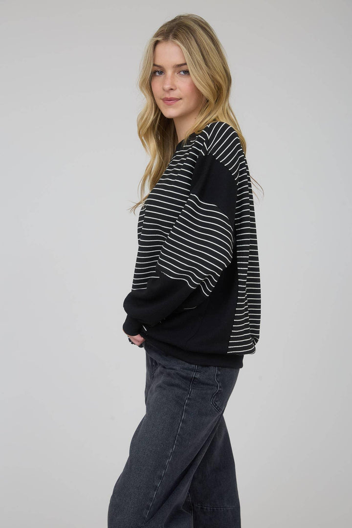 Women's Long Sleeve - CONTRAST STRIPE RAW EDGE LONG SLEEVE KNIT TOP - - Cultured Cloths Apparel