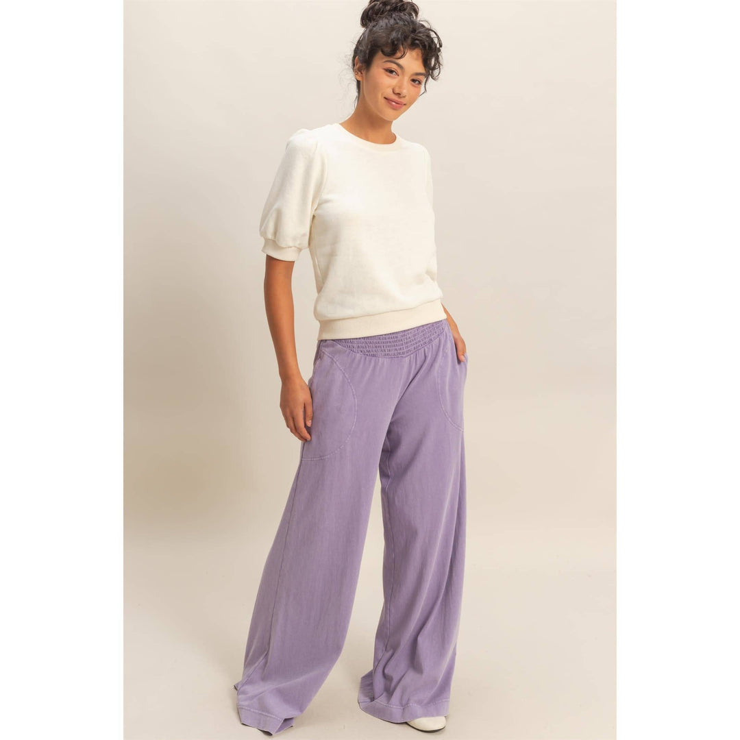 Mineral Washed Wide-Leg Smocked Waist Pants
